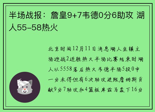 半场战报：詹皇9+7韦德0分6助攻 湖人55-58热火